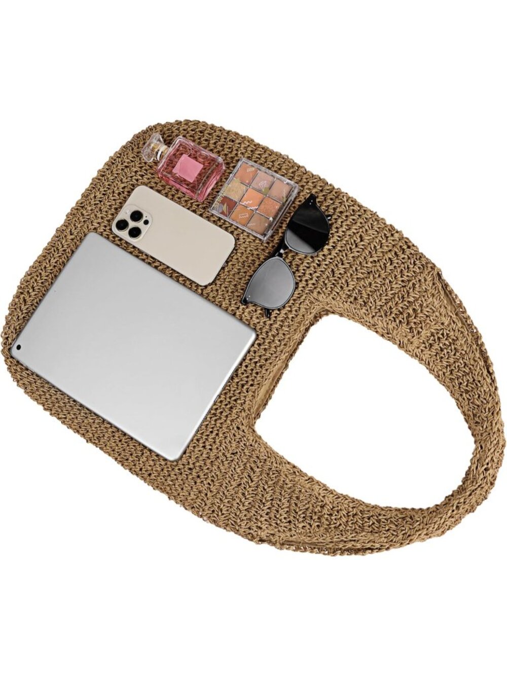 Women's Khaki Large Straw Beach Bag Handmade Woven Shoulder Bags Hobo Tote - Picture 5 of 6